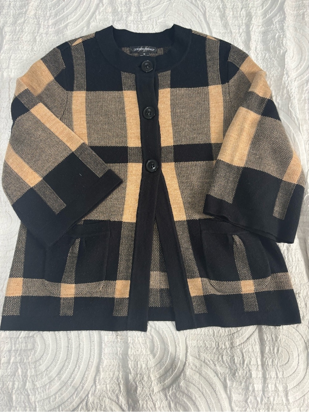 Designers Originals Black and Tan Plaid Knit Cardigan